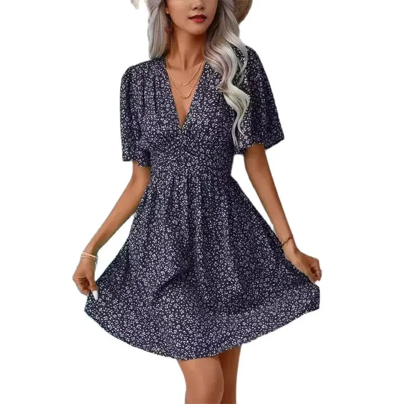 

2024 Sweet Style Small Flower Print Dresses Women High Waist Deep V Neck Pullover Dress Female Casual Short Sleeve Pleated Gown