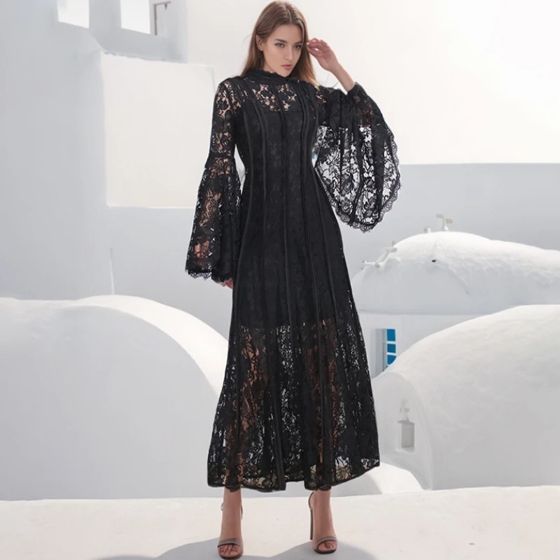 

White Lace Dress Women Floral Long Dresses Black Party Flare Sleeve Embroidery Pleated Prom Elegant Vintage Vestidos 2024