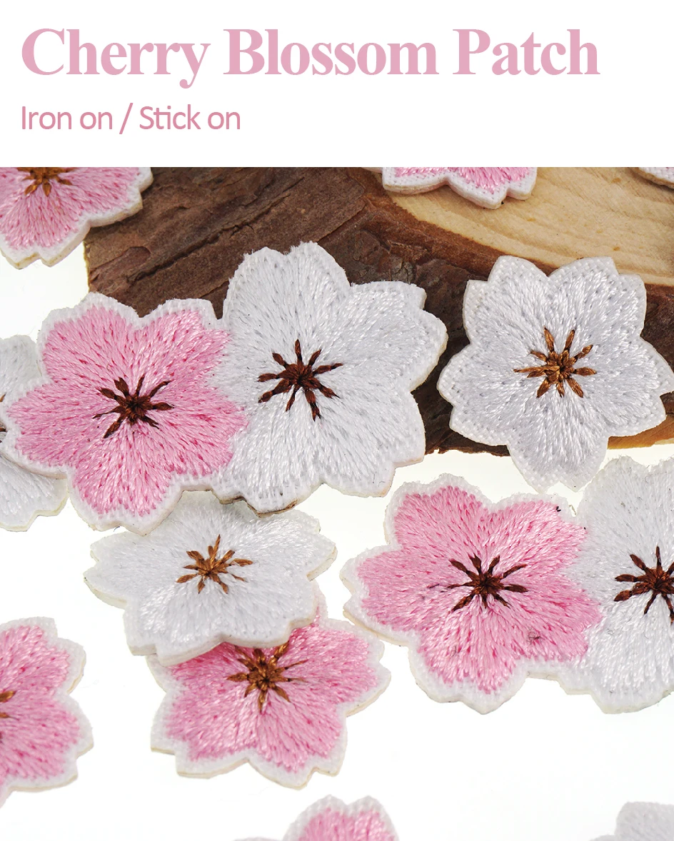 9-teiliges, weißes, rosafarbenes, mit Kirschblüten besticktes Aufnäher, kleine Sakura-Blumen-Applikation zum Aufbügeln/aufkleben – Detail 1