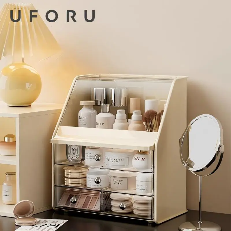 UFORU 화장품 수납함 (투명 서랍 및 플립탑 디자인) 내부에는 여러 개의 칸..