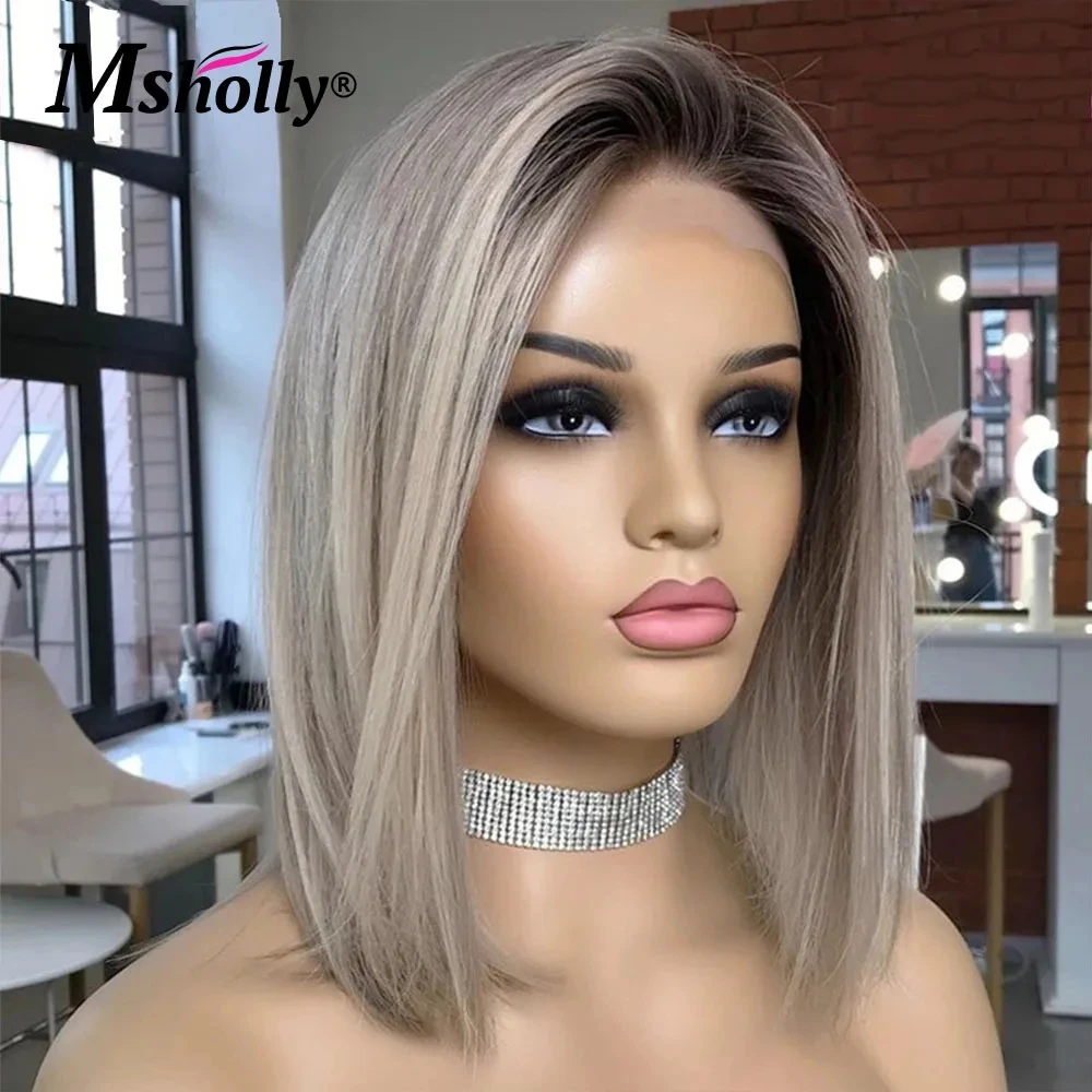 Przezroczysta koronka HD krótki Bob peruki z włosy ludzkie w kolorze blond jesionowego szaro-brązowa peruki typu Lace front 13x4 dla kobiet o prostym kroju boba