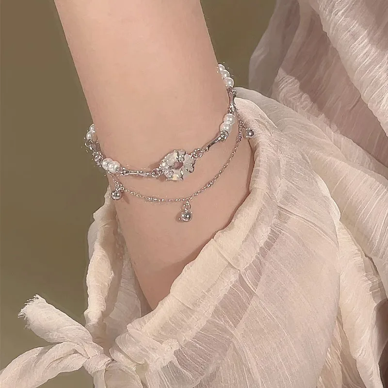 VENTFILLE 여성용 호탄 제이드 벨 팔찌, 더블 레이어 진주, 불규칙한 심플 주얼리 선물, 직송