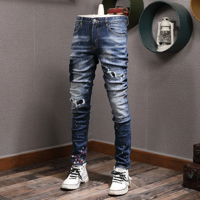 High Street Fashion Men Jeans Retro Blue Elastic Stretch Slim Fit Ripped Jeans Men Embroidery Designer Hip Hop Brand Pants Homme