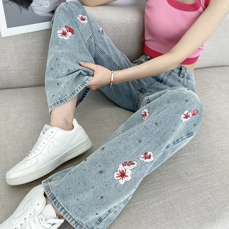 Summer Thin High Waist Narrow Straight-Leg Pants Embroidered Printed Wide Leg Jeans for Women