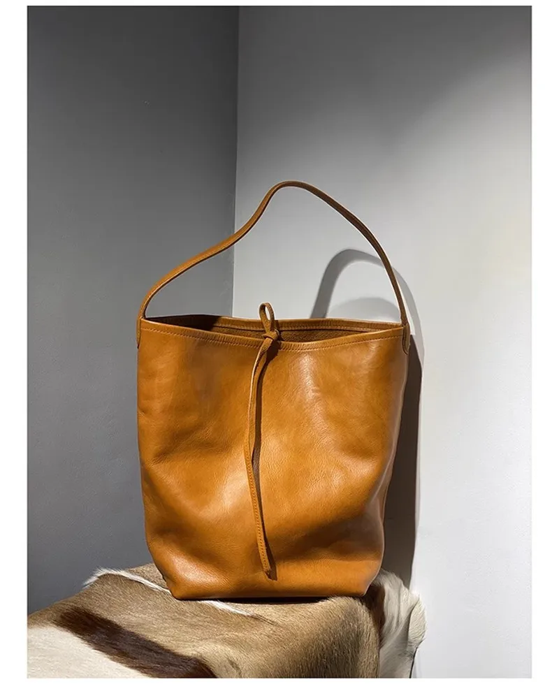 PNDME einfache lässige hochwertige echtes Leder Damen Eimertasche Outdoor Designer Luxus natürliche weiche Rindsleder Umhängetasche – Detail 3