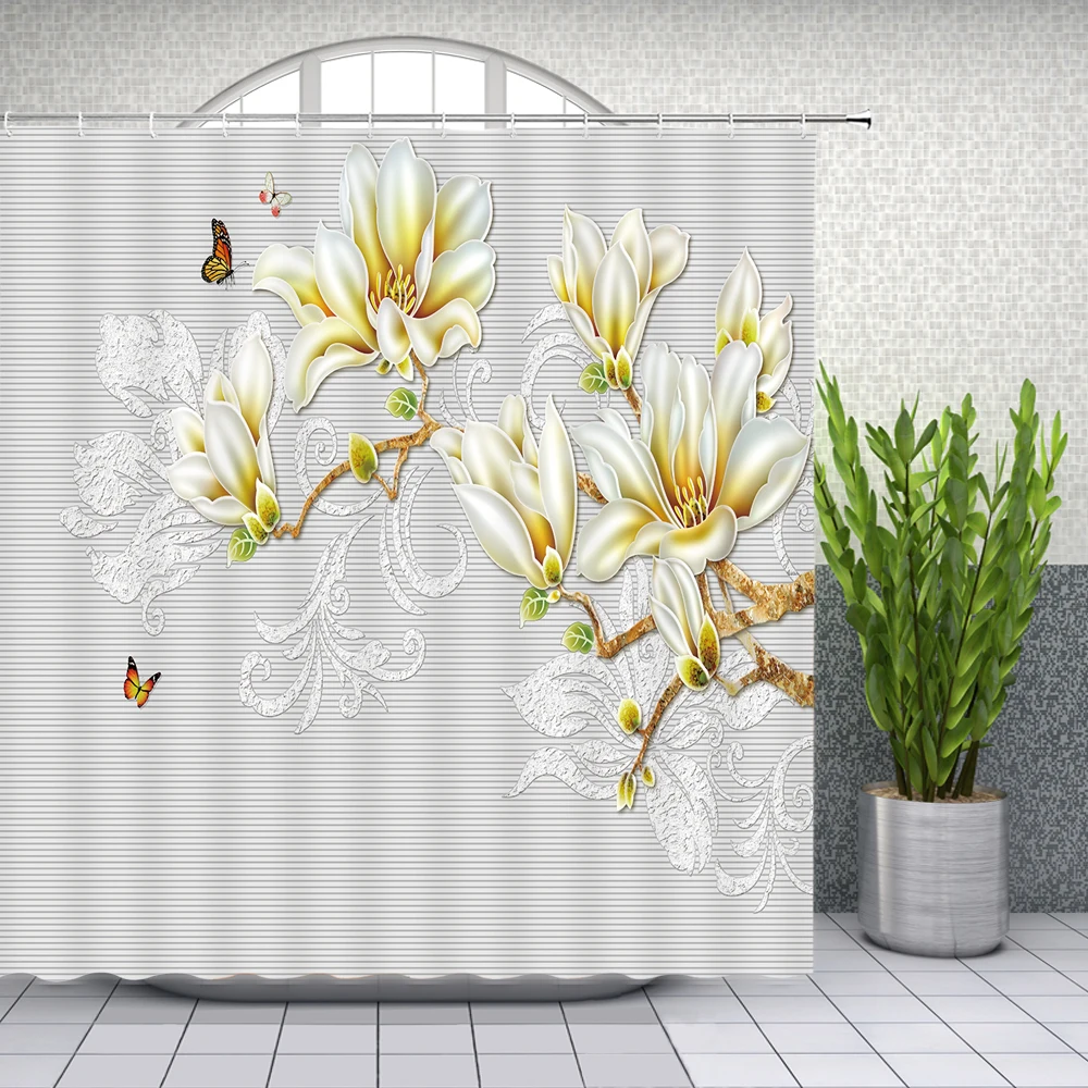 

Spring Floral Landscape Background Wall Shower Curtains Plant Leaf Floral Butterfly Lotus Bathroom Decor Polyester Cloth Curtain