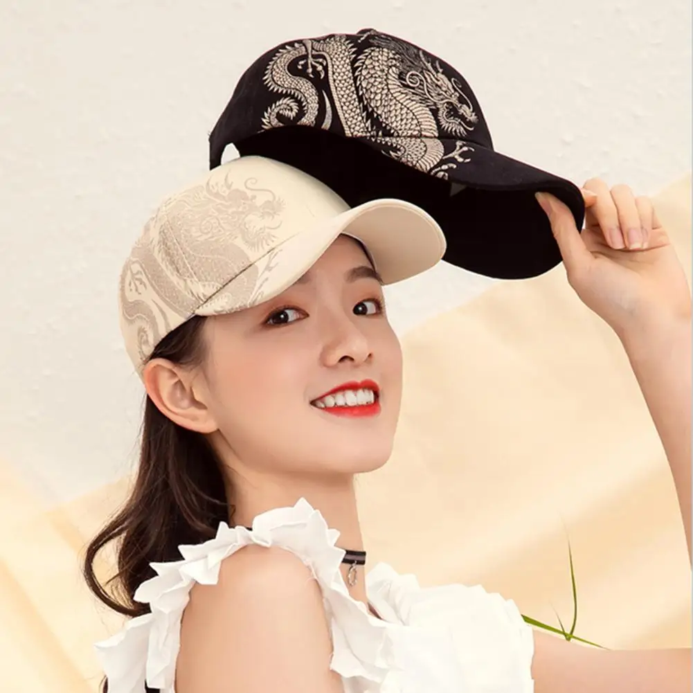 Summer Women Men Baseball Hat Retro Chinese Style Loong Animal Pattern Font Elements Adjustable Couple Baseball Cap Sun Beach