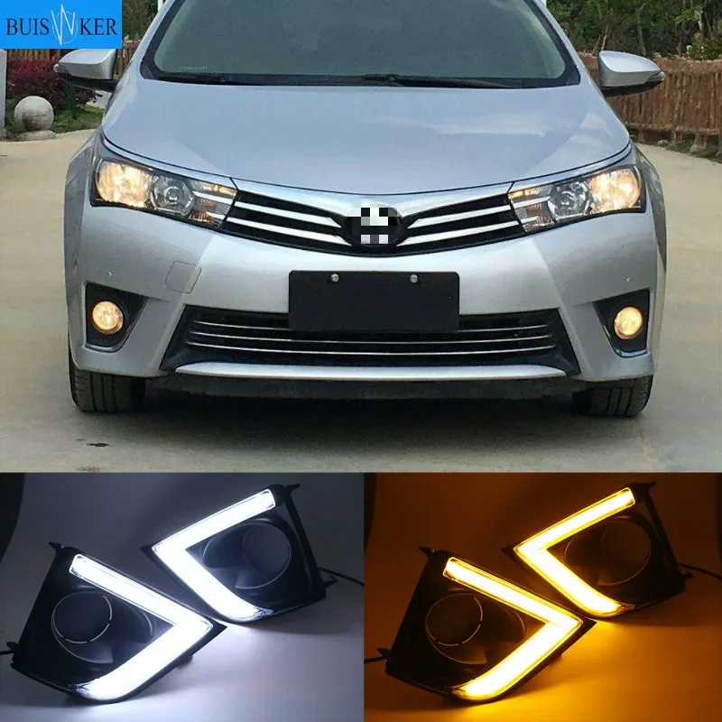 

1 комплект DRL для Защитные чехлы для сидений, сшитые специально для Toyota Corolla 2014 2015 2016 светодиодный Габаритные огни с желтым сигнал поворота; Темно-синие головка колпак противотуманных фар