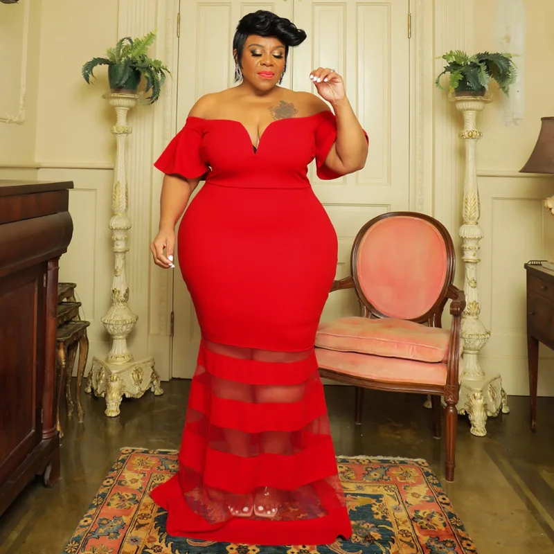 

WUHE Fashion Women Plus Size Dress Off Shoulder V-neck Bandage Maxi Dresses 2023 Summer Sexy Sheer Mesh Patchwork Party Dress