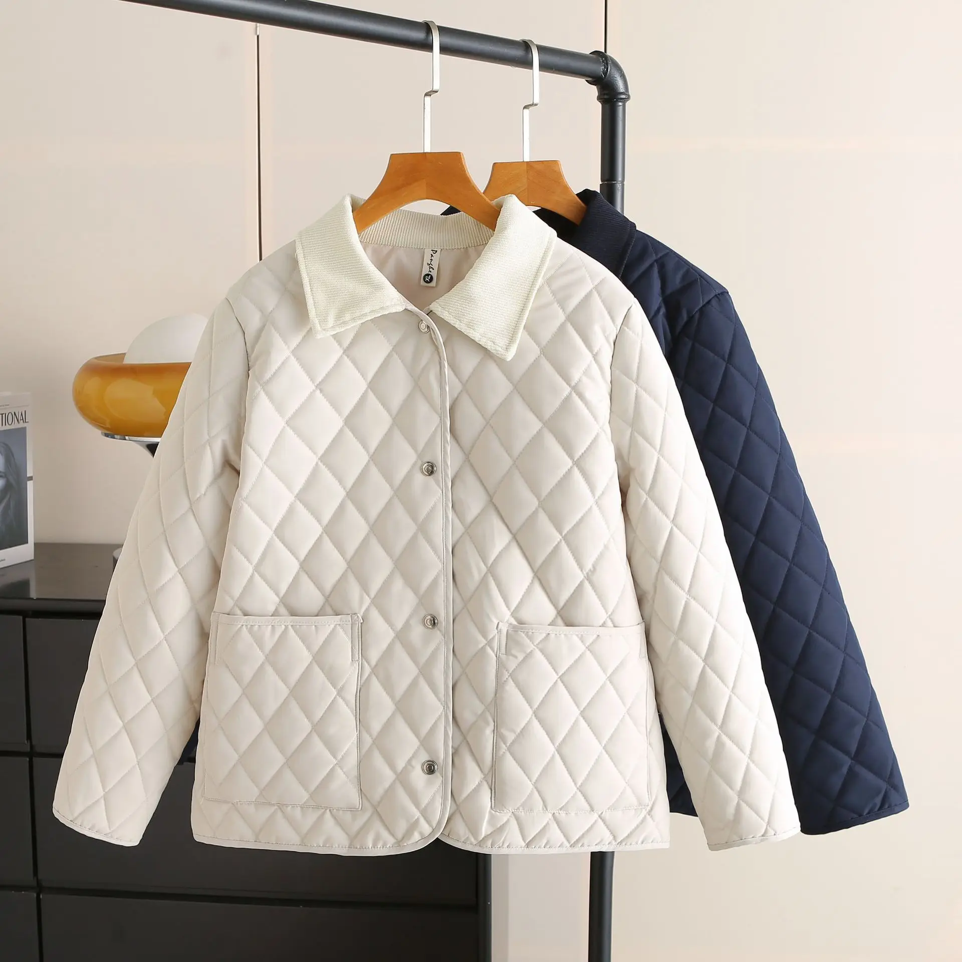 XXXXL Fashion Plus Size Women's Parkas New Winter Korean Style Stylish Simple Lapel Argyle Jacket Casual Warm Padded Coat 1058