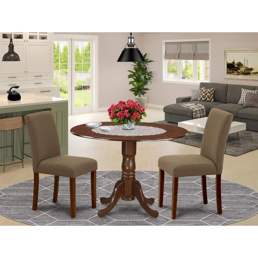 

Dining Set for 3 Contains A Round Dining Room Table with Dropleaf and 2 Coffee Linen Fabric Upholstered Parson Chairs