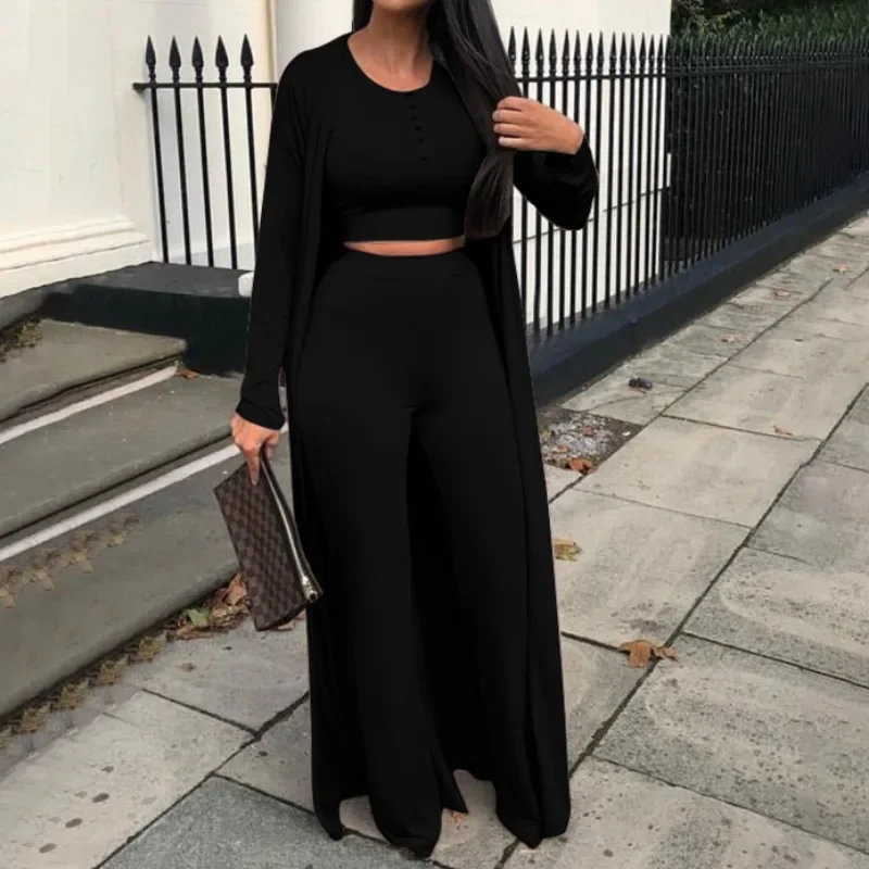 Women's Fashion Solid Casual Pants Set Autumn & Winter New Woman Vest with Long Coat & Trousers Suit Two Piece Outfits for Women