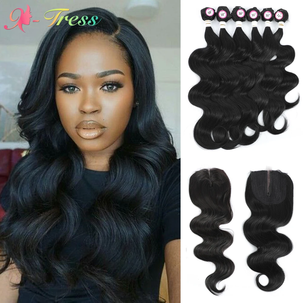 X-TRESS Synthetic Hair Weaving Body Wave 6 Bundles with Closure 18 20 22 Inches Mixed Length Black Color Weave Hair Extensions