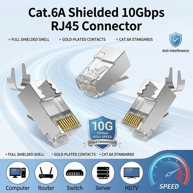 10Pcs Cat.6A Shielded Pass-Through RJ45 Modular Plug, Gold-Plated Pure Copper Pins, 10Gbps, Compatible with Cat6 Cable 1