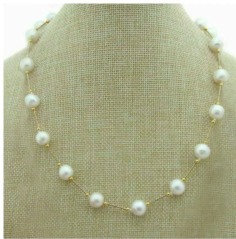 New AAAA Round 8-9mm AKOYA White Pearl Station Necklace with 18 inch 14K Gold Buckle-