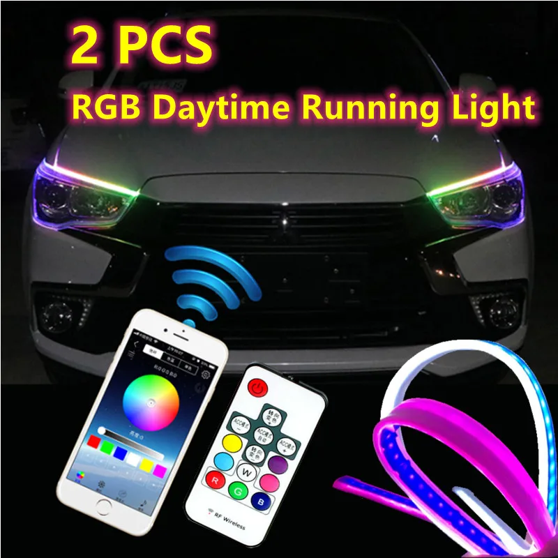 

2pcs Car Sequential Flowing RGB Daytime Running Light DRL APP Multi Color LED Light Strip Turn Signal Lights For Headlight