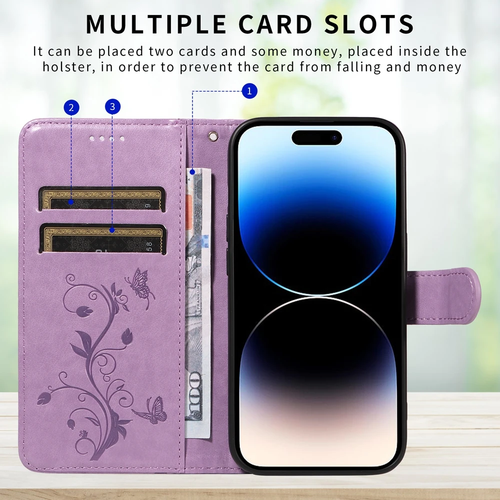 Elegant Butterfly Flower Leather Magnetic Flip Wallet Case - Premium Design