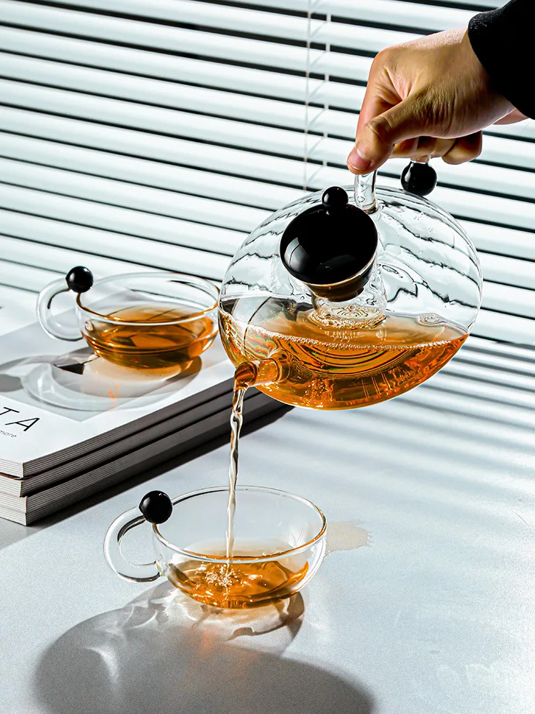 

French Glass Teapot Teacup Heat-resistant Transparent Kettle Tea Set Black Teacup Home Boiling Tea Teapot Filter Tea Infusion