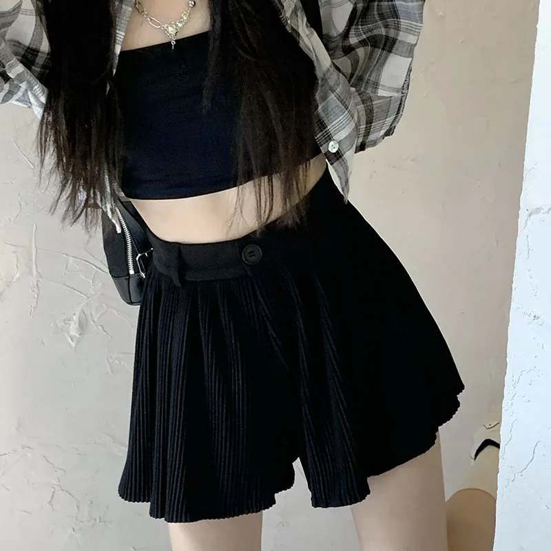 

2023 Summer Thin Mini Skirts for Womens Korean Style High Waist Loose Black Pleated Skirt Woman Casual All-Match A-Line Skirt