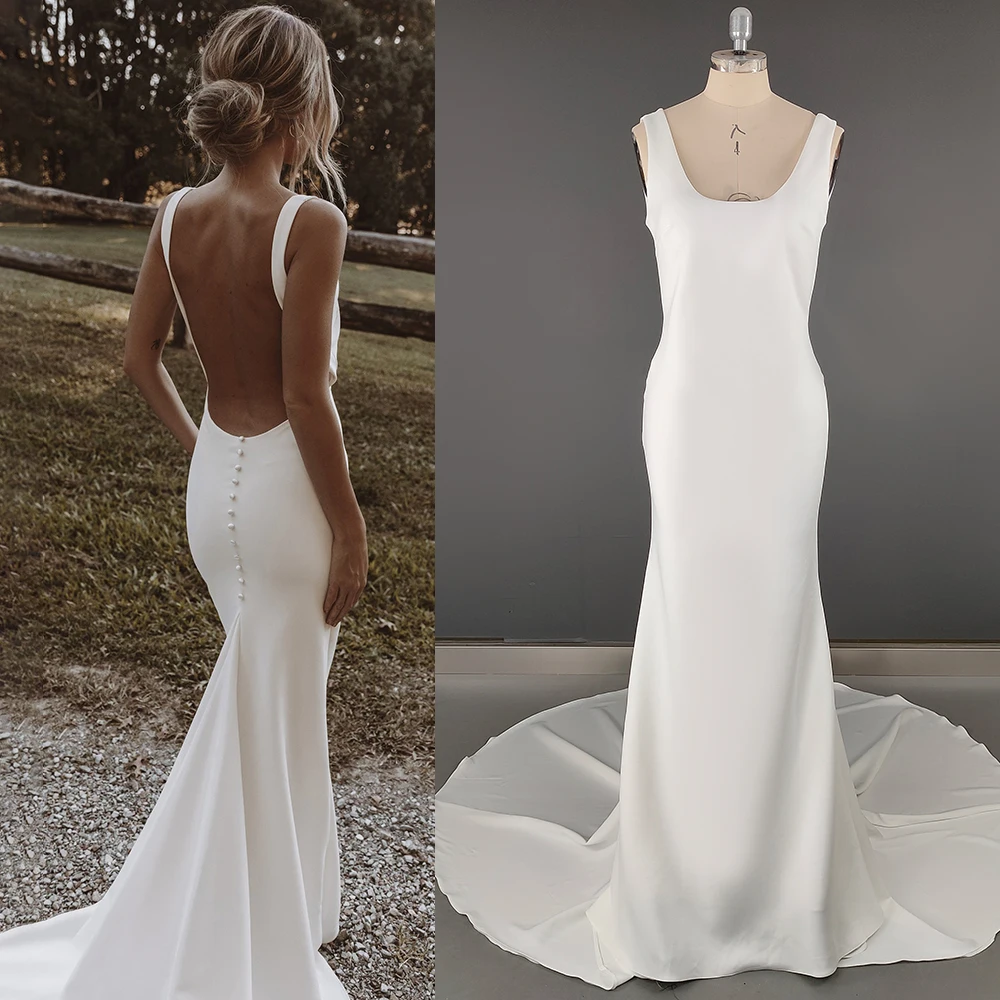 

Modern Sheath Crepe Minimalist Wedding Dresses Custom Made Buttons Oversized Tight Fit Simple Bow Train Backless Bridal Gown