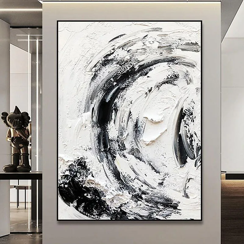 

Hand Painted Modern Wall Painting Art Heavy Textured Thick 3D Abstract White Black Oil Painting Canvas Picture Art Wall Artwork