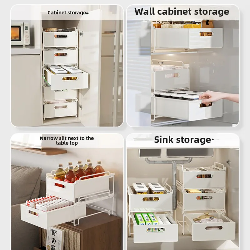Cabinet Pull-out Storage Basket Household Kitchen Sundries Sorting Shelf Layered Multifunctional Stackable Drawer Storage Shelf