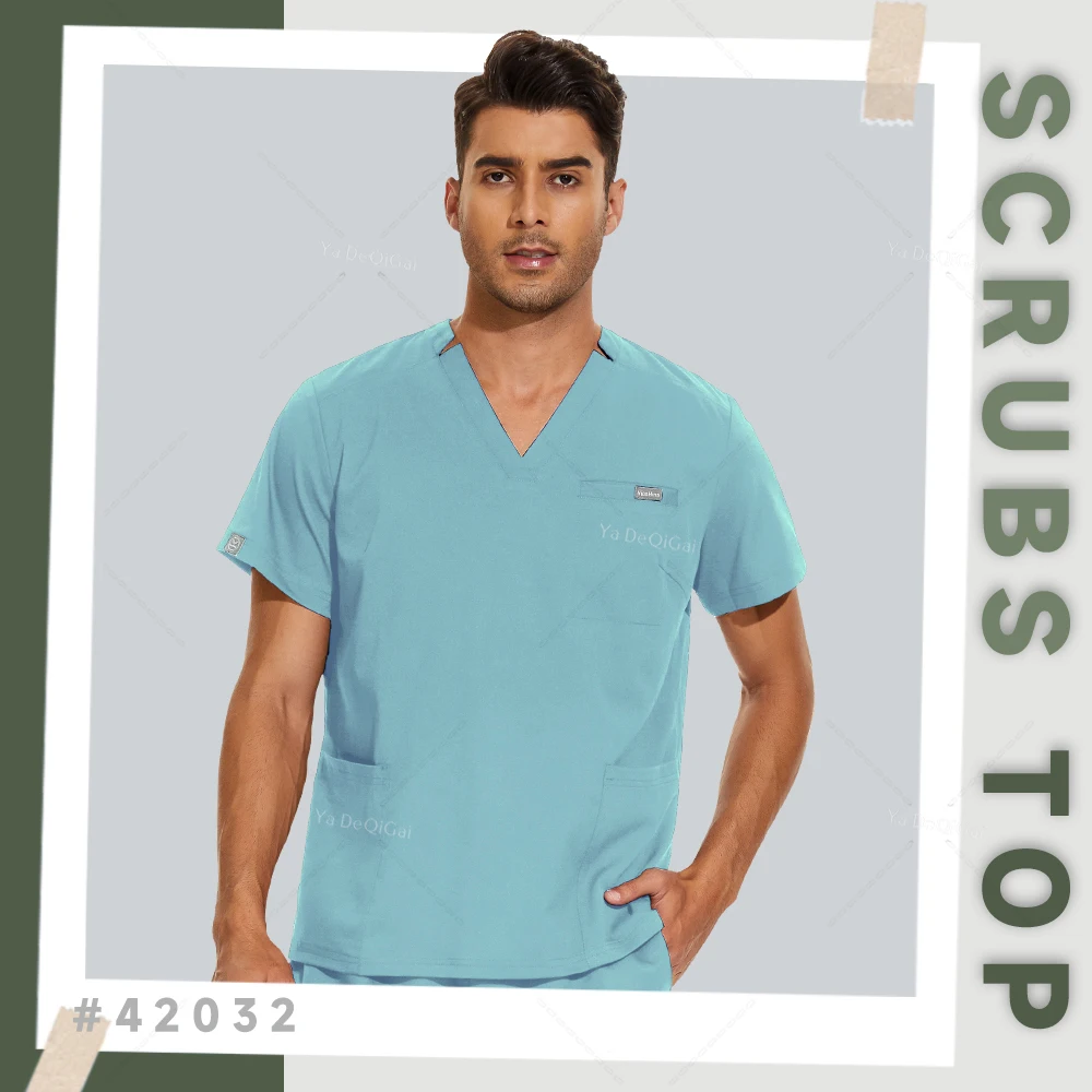 Clinical Workwear Men Scrubs Tops Medical Uniforms Nursing Work Shirts Classic V-Neck Clinical Scrub Top Short Sleeve Blouse 2XL