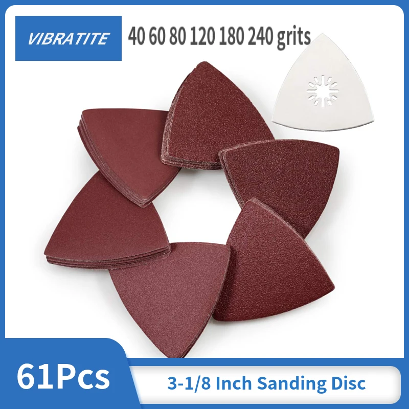 

61Pcs 3-1/8 Inch 80mm Triangle Hook and Loop Sanding Discs with Oscillating Sanding Pad Assorted Grits Detail Sander Sandpaper