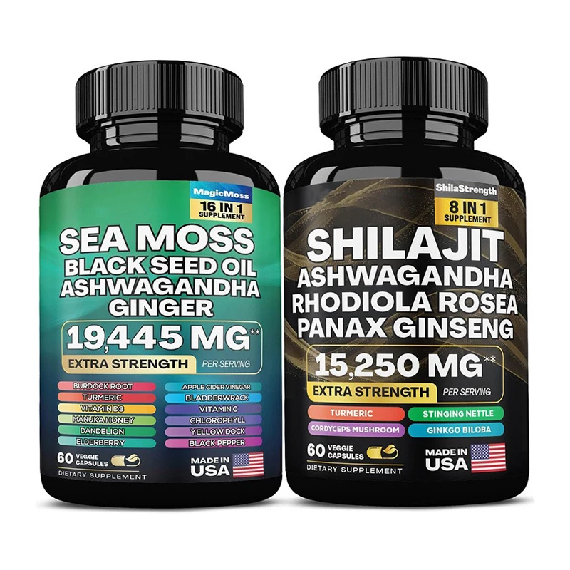 1 Bottle Organic SHILAJIT Capsules+1 Bottle SEA MOSS Capsules, Enhance Strength, Energy, Endurance, Support Immunity