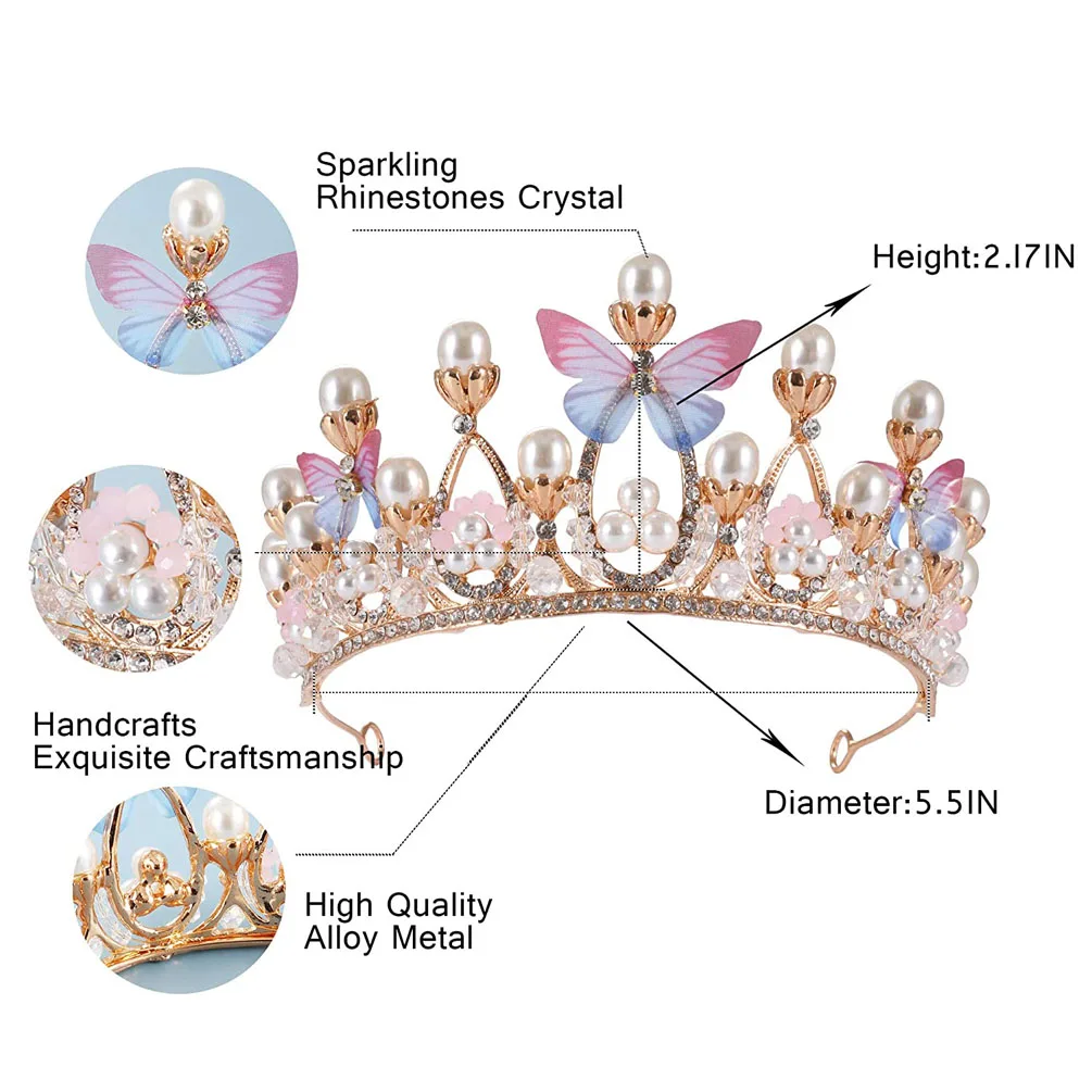 Headwear Birthday Rhinestone Tiara Princess Crown Butterfly Pearl Headband Tiaras for Girls