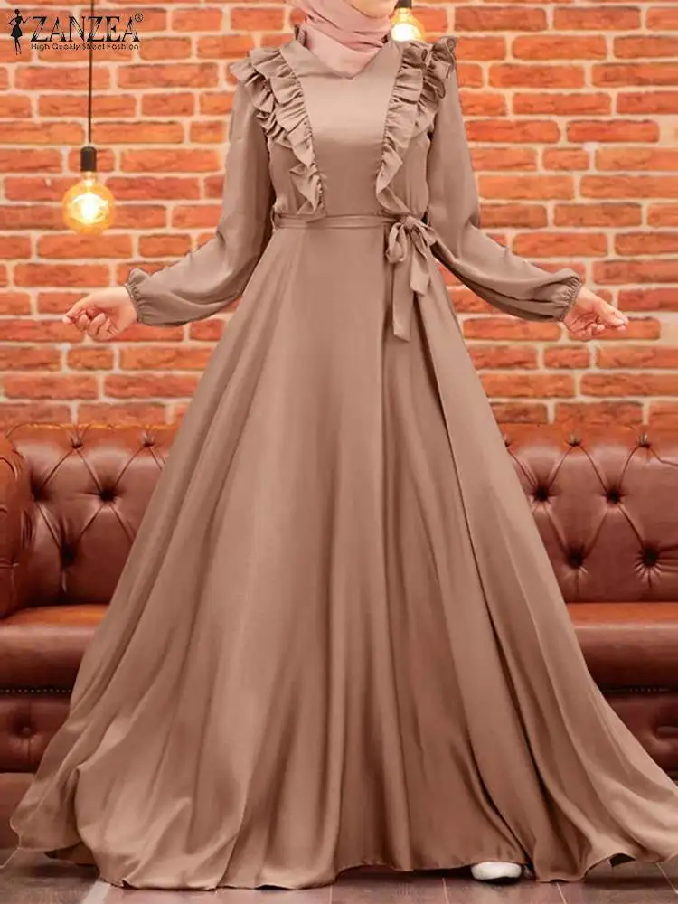 

Autumn Maxi Sundress ZANZEA Women Full Sleeved Satin Long Vestidos Turkey Abaya Ruffles Robe Isamic Clothing Muslim Hijab Dress