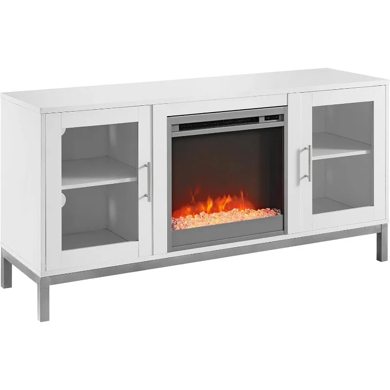 Griffith Contemporary Double Glass Door Fireplace TV Stand, 52 Inch, White