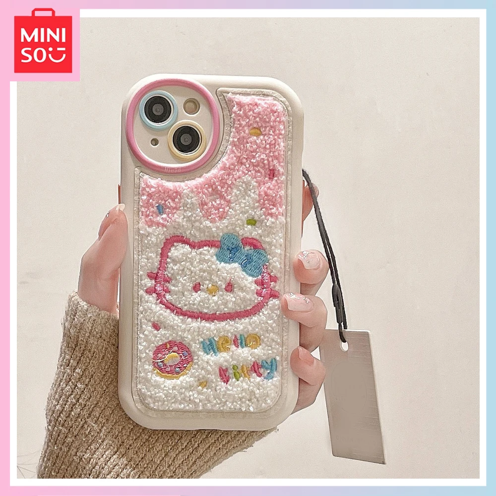 

Miniso Sanrio Velvet Embroidered Hellokitty Iphone 15Pro Phone Case Iphone 14 13 Promax Full Package Fall Protection Case