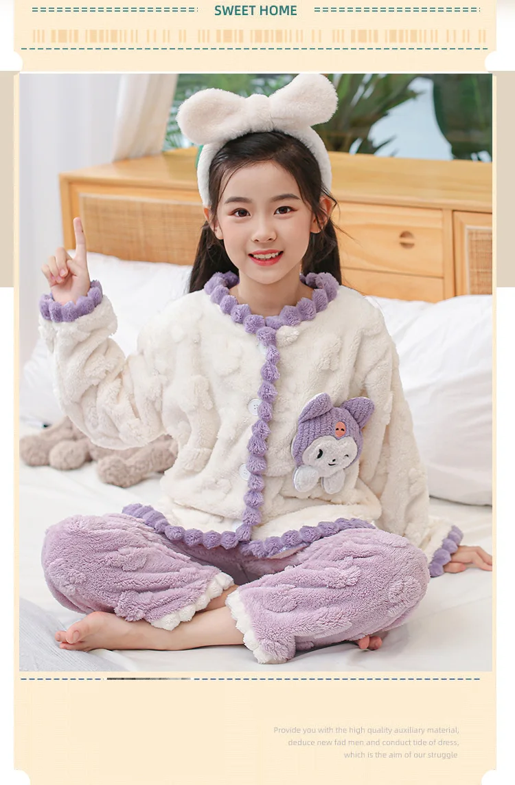 Cinnamoroll Pajamas Set Thicken Children Sanrio Kuromi Hello Kitty Boy Girl Flannel Fleece