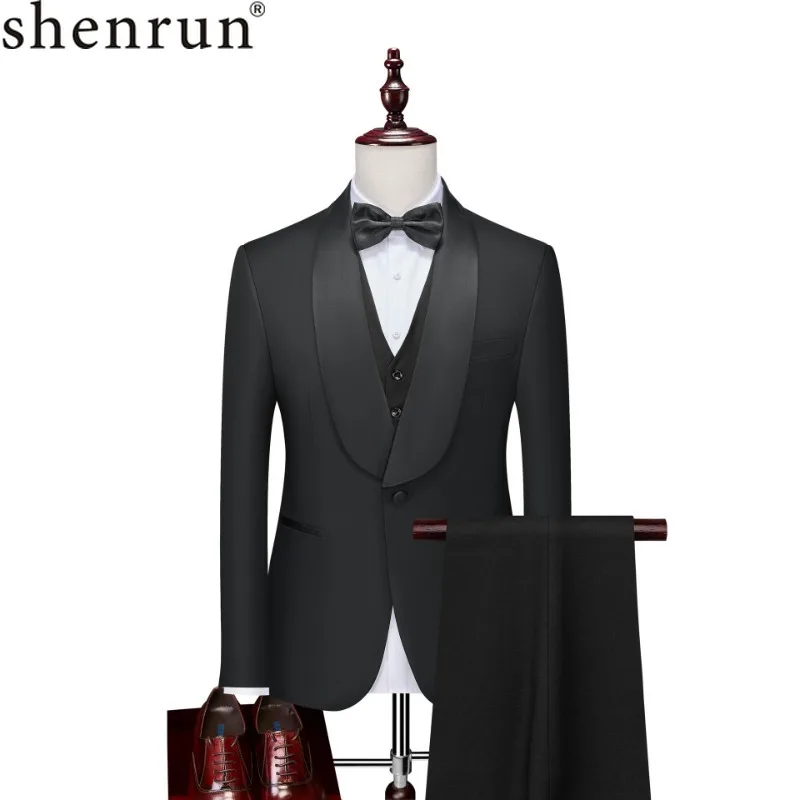 Shenrun Men Tuxedos Slim Fit Fashion Big Shawl Lapel Suit Jacket Black Wedding Groom Prom Costume Party Single Breasted 1 Button