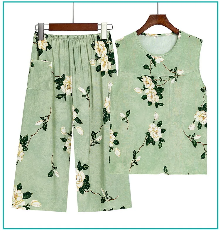 XL-4XL Pyjama pour femme neu bedruckte Mutter mittleren Alters zweiteiliges Set ärmellose Weste Capri hose Anzug Nachtwäsche Frauen Pyjama – Detail 14