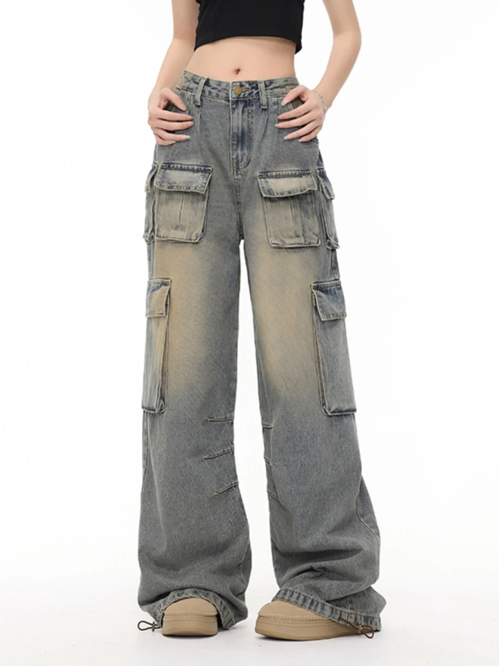 Patchwork Denim High Waist Cargo Long Baggy Jeans Vintage - Power Day Sale