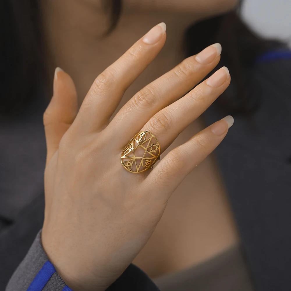 Dawapara Pentagramm Einstellbare Ring für Männer Frauen Triquetra Kreuz Stern OM Symbol Religiöse Geschenk Edelstahl Schmuck – Detail 7