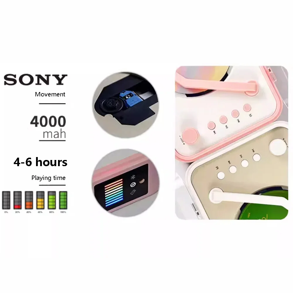 Lossless CD PlayerTwo Way BluetoothBuilt-in SpeakerHIFI Lossless Music PlayerLED Spectrum LightRechargeableSupports USB Playback