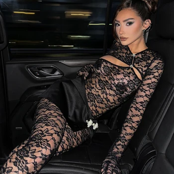 Lace Transparent Slim Fit Long Sleeved Fashionable Hollow Out Tight Fitting Personalized Four Piece Set