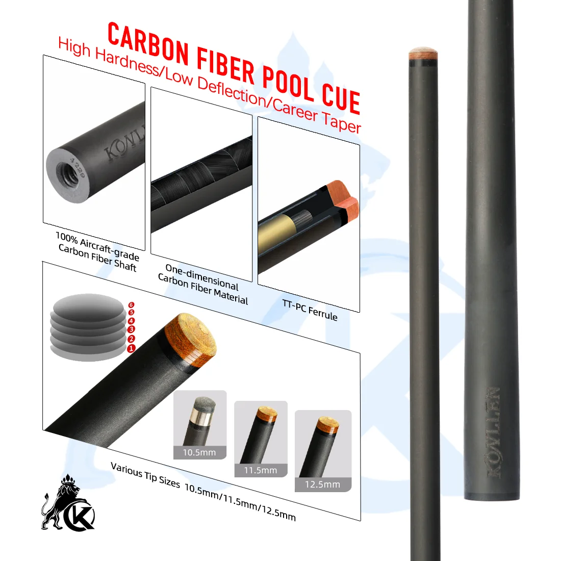 KONLLEN-AS Pool Cue Stick Carbon Fiber Shaft 12.5mm Tip, 3/8