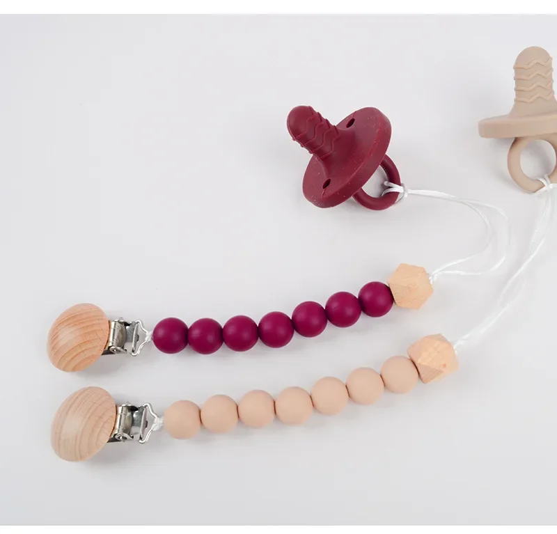 Pacifier Clip Baby Wood Color Silicone Bead Infant Teether Soother Anti-drop Chain Newborn Safe Teething Toy Dummy Nipple Holder