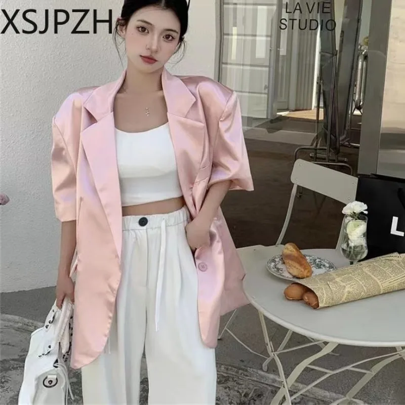 

OL Glossy Turn Down Collar Cardigan Crop Tops Outwear Abrigos Chic Women Short Sleeve Satin Blazers Coat Faux Silk Suits Jacket