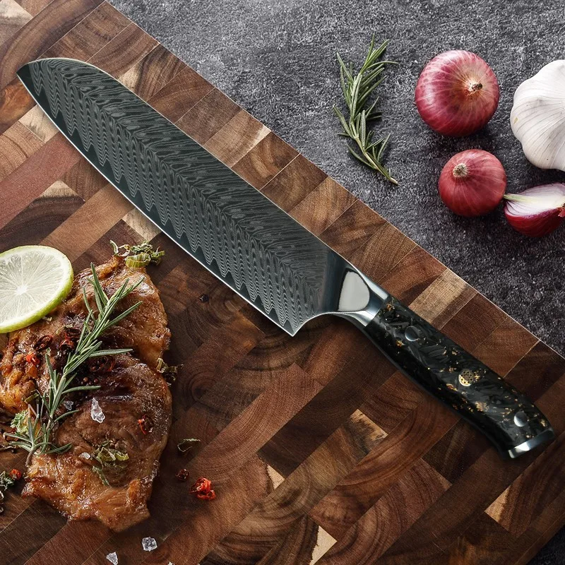 

7'' Santoku Knife Black Damascus Aviation Grade Fiberglass Handle Kitchen Knives Sharp Meat Cutting Professional Ktichen Tools