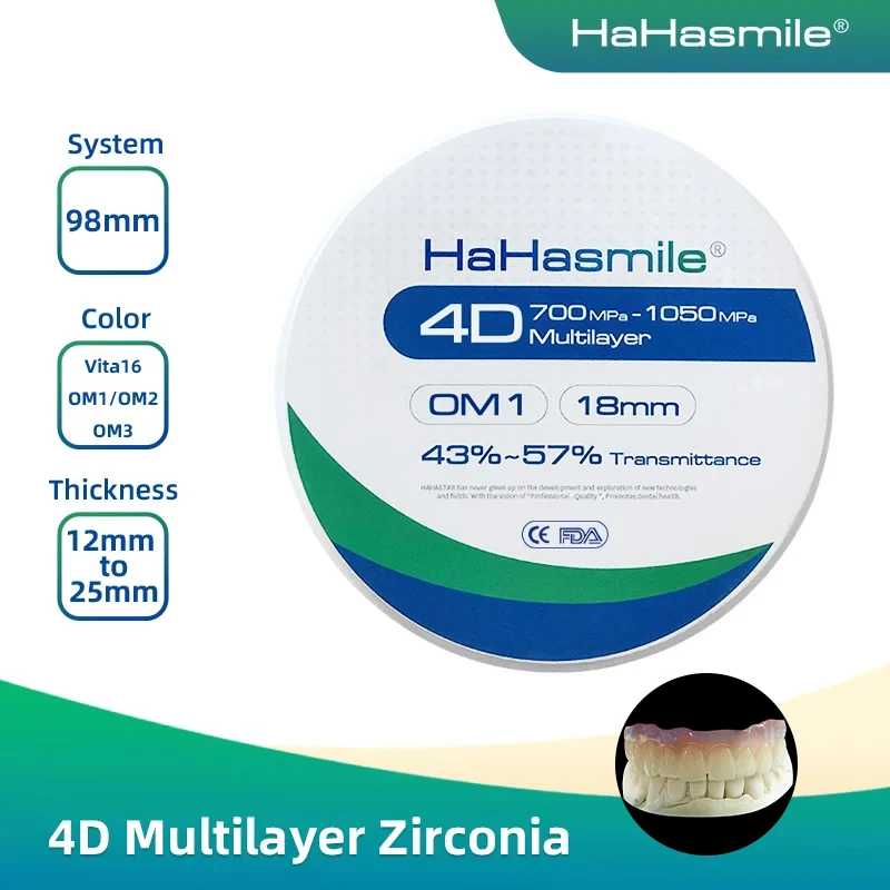 

Многослойный циркониевый блок HaHasmile 4D OM1 с высоким коэффициентом пропускания, 6 слоев, 98 мм, для удобного для полости рта материала и стоматологической эстетики
