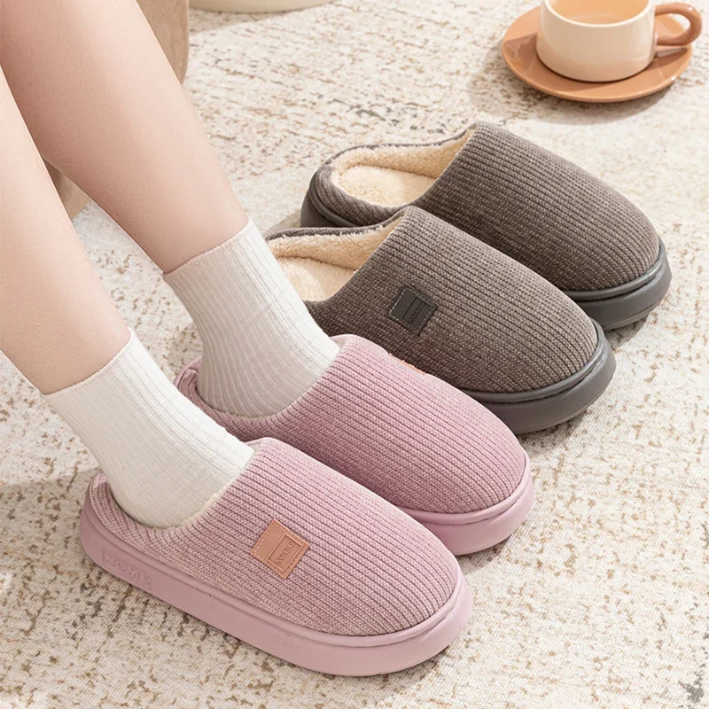 Indoor Soft Plush Slippers Women Corduroy Thick Bottom Non Slip Cotton Slippers Woman Light Round Toe Home Cotton Shoes Mujer