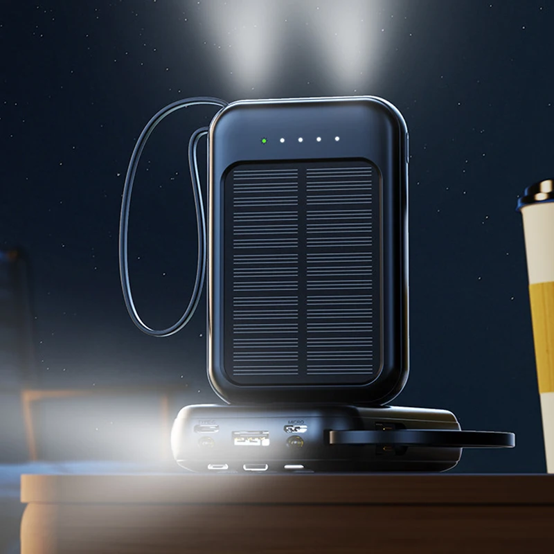 Solar Power Bank Built 4 Cables Portable Charger External Spare Battery Mini Powerbank with LED Light for IPhone Xiaomi Huawei 4