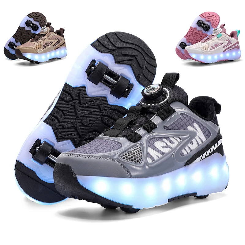 

2024 Light Roller Skate Shoe With 4 Wheels Boys Girls Swivel Buckle Outdoor Luminous Casual Sneaker Children USB Charging Shoe