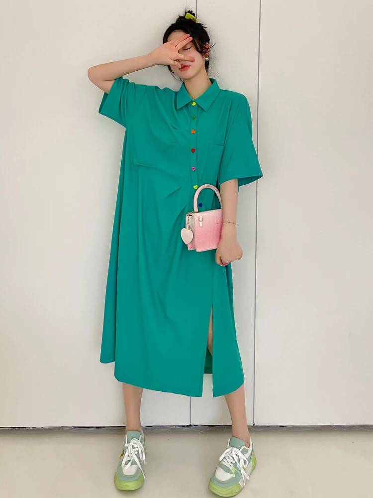 NYFS 2024 Summer New Korea POLO Neck Woman Dress Vestidos Robe Elbise Rainbow Buckle Loose Plus Size Short Sleeve Long Dresses