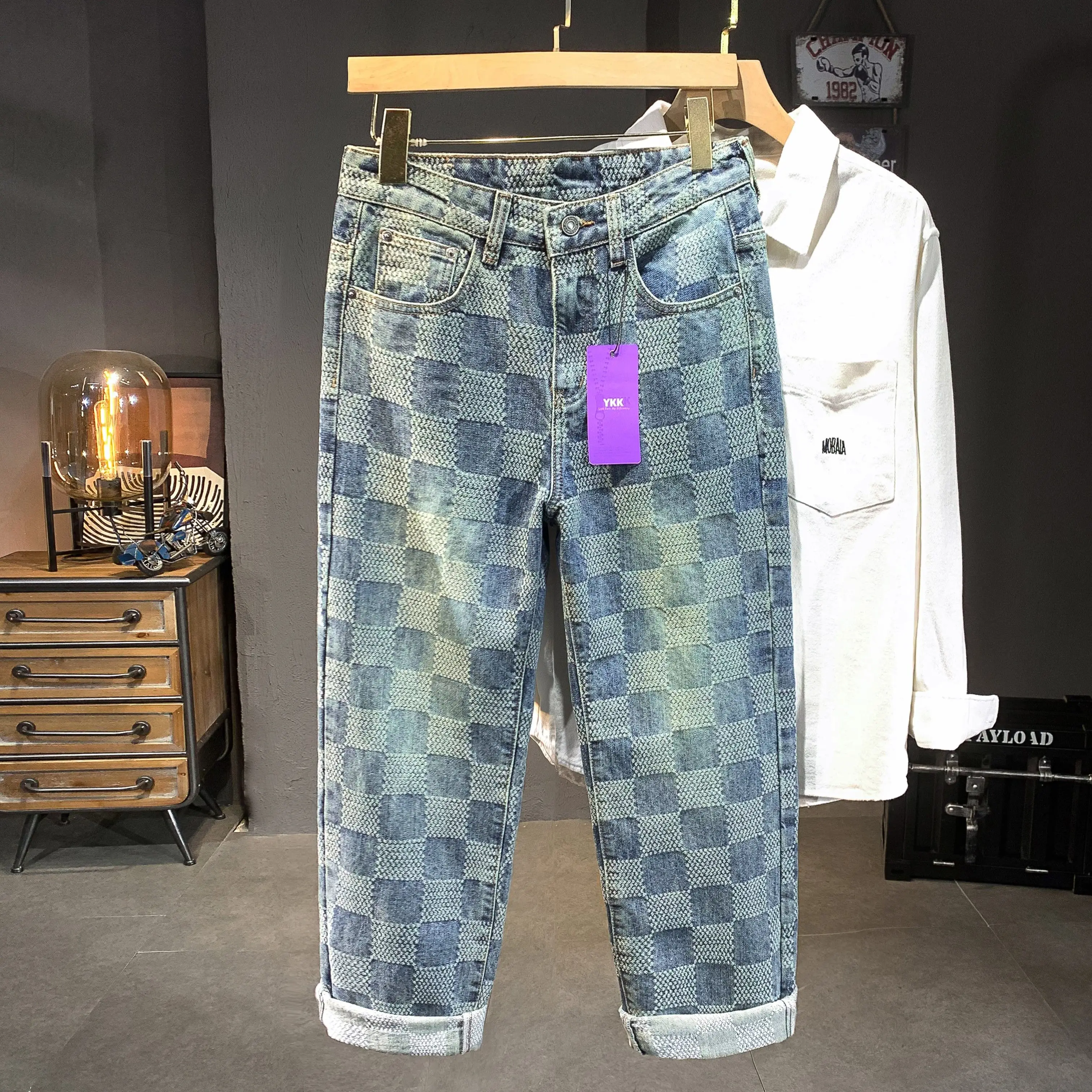 Spring & Fall Fashion Denim Pants Male Straight Leg Loosen Fit Plaid Pattern Cotton Jeans Men 3